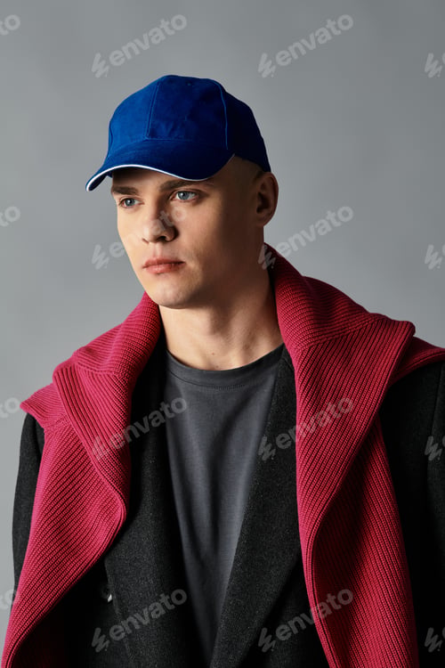 Preview: A young man exudes confidence in a blue cap and cozy red shawl.