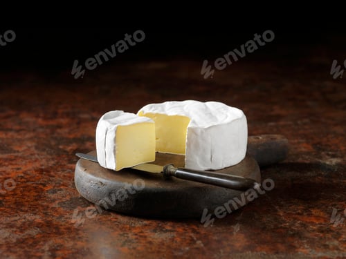 Preview: Cornish Brie on brown wooden round breadboard with knife