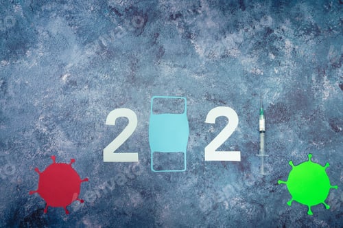 Preview: Shot of 2020-2021 with numbers, a face mask, covid symbols, and a syringe