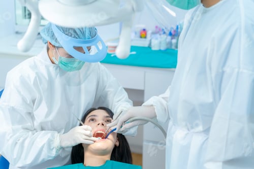 Preview: Asian expert dentist doctor wear PPE and mask examine patient's teeth at dental clinic.
