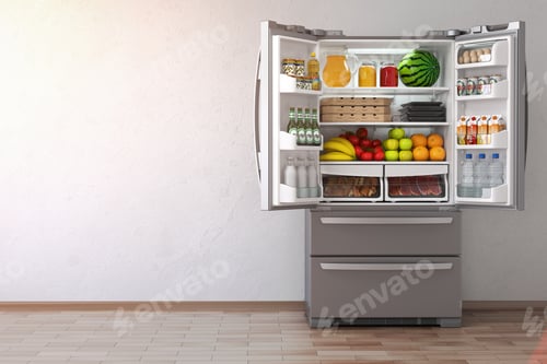 Preview: Refrigerator with Fruits and Drinks in Kitchen Setting