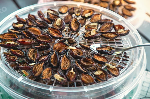 Preview: Plums dried in a dehydrator. Selective focus.