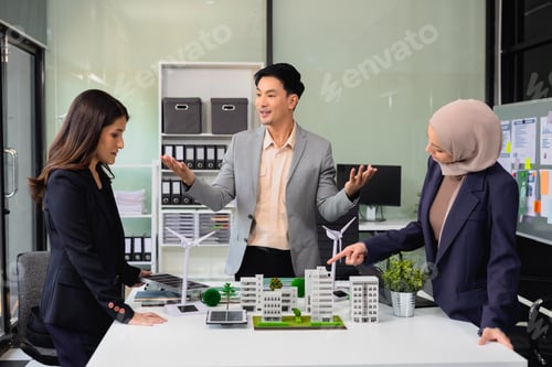 Preview: Engineer Teamwork Meeting, with partner on model building at company office working technology