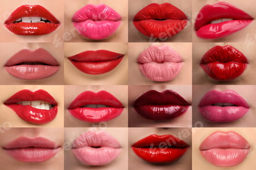 Preview: Women's lips with lipsticks of different shades, collage