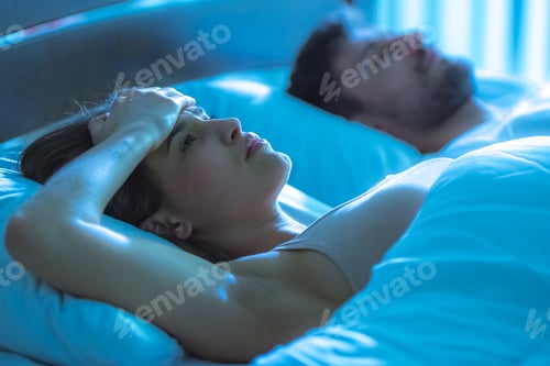 Preview: The woman with a headache lay near the man in the bed. night time
