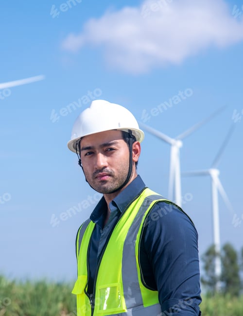 Preview: Engineer wearing uniform ,helmet inspection and survey work in wind turbine farms rotation to genera
