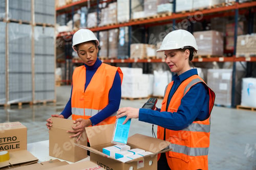 Preview: Women workers packing and scanning products in warehouse