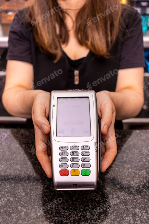 Preview: waiter give card reader machine for customer make payment transaction with cashless contactless