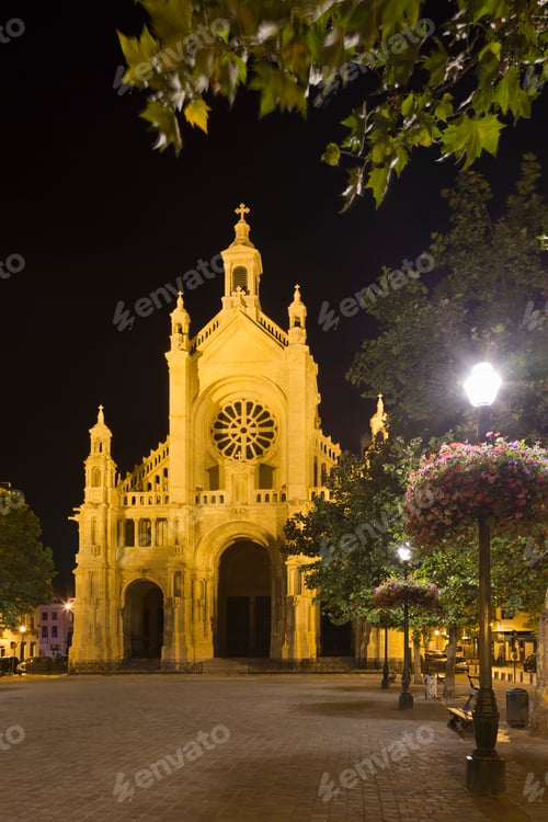 Preview: View of St Catherines Church at night, Brussels, Belgium
