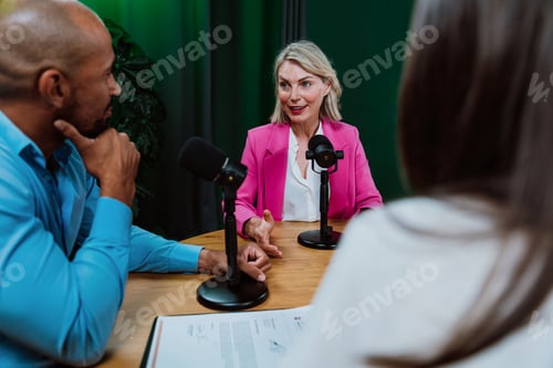 Preview: Group of three diverse hosts having a podcast discussion