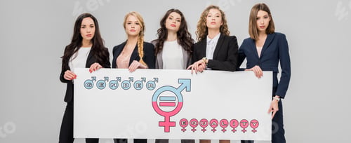 Preview: successful young women holding large sign with gender equality symbol isolated on grey