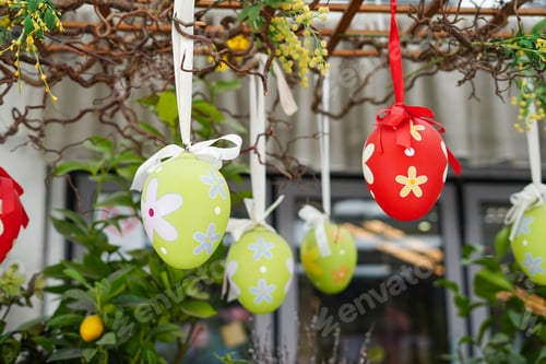 Preview: Easter eggs decoration in the flower shop outdoors