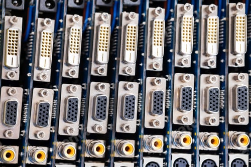 Preview: Close-up blurry metal sockets on a computer video board