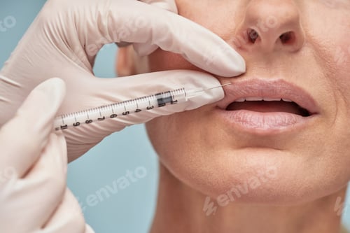 Preview: Beauty procedure. Close up of beautician in white gloves making hyaluronic acid injection in lips