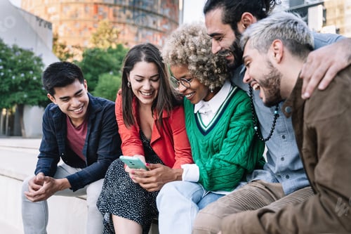 Preview: Happy friends sharing social media content on smart phone app
