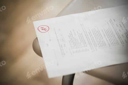 Preview: Closeup of a paper with a red stamp on a desk.