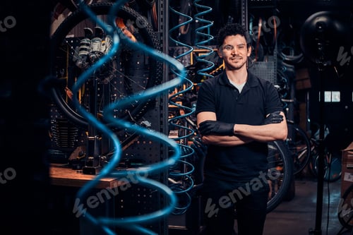 Preview: Young attractive mechanic is posing next to bicycle at his own workshop