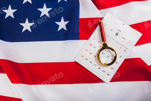 Preview: Calendar with july month on american flag. Independence day