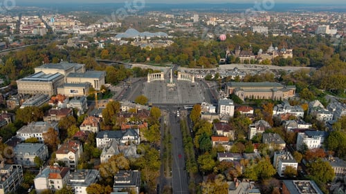 Preview: Budapest, Hungary, flying above Heroes Square, Hosok tere, and Andrassy avenue