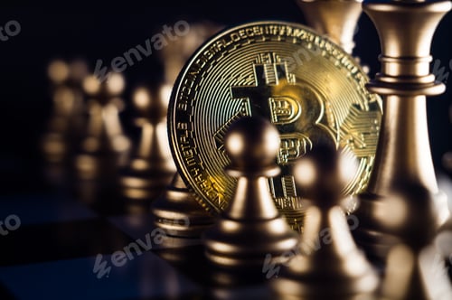 Preview: Closeup shot of crypto coin with chessmen on a chessboard- introducing investments strategies