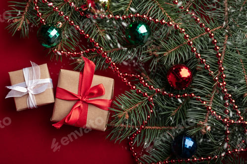 Preview: Christmas Background With Xmas Tree And Sparkle Bokeh Lights On Wooden Canvas Background. Merry