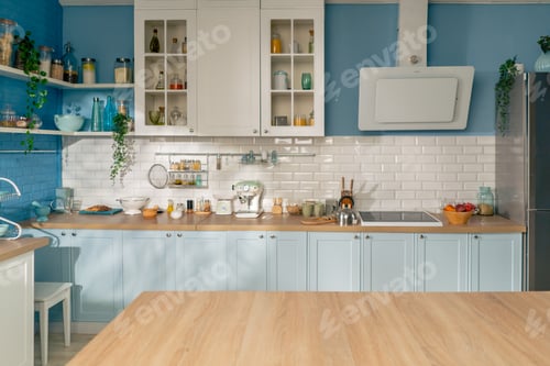 Preview: kitchen interior light in blue tones provence style all kitchen paraphernalia clean kitchen