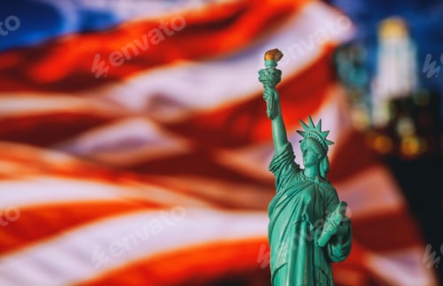 Preview: CLOSE UP OF STATUE OF LIBERTY WITH BLUR AMERICAN FLAG in the New York City