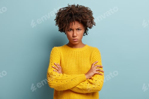Preview: Annoyed pissed woman crosses hands over chest, frowns and sulks, waits for explanation from boyfrien