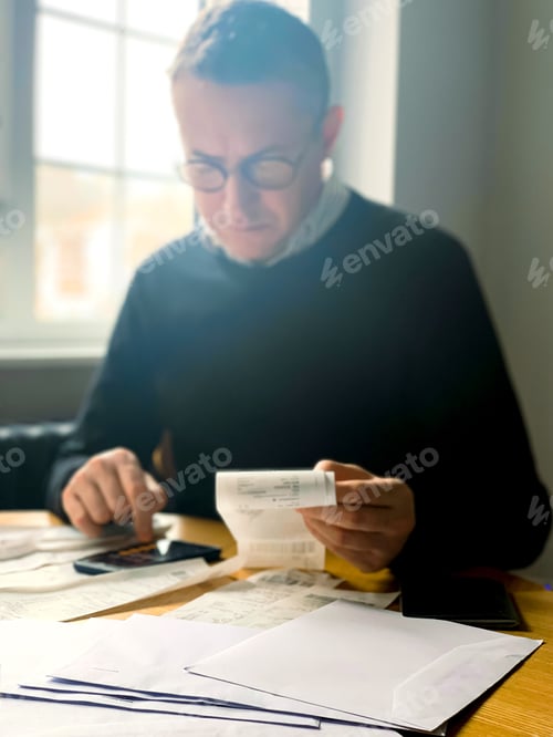 Preview: Man is making audit of household expenses using calculator and notebook. Lots of receipts and bills