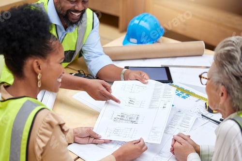Preview: Blueprint, meeting or happy civil engineering team planning a building or construction architecture