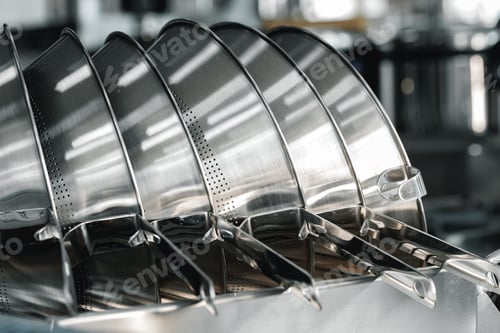 Vista previa: Coladores industriales de aluminio en cocina profesional de cerca