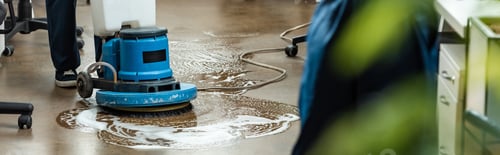Preview: cropped view of cleaner washing floor with cleaning machine, panoramic shot