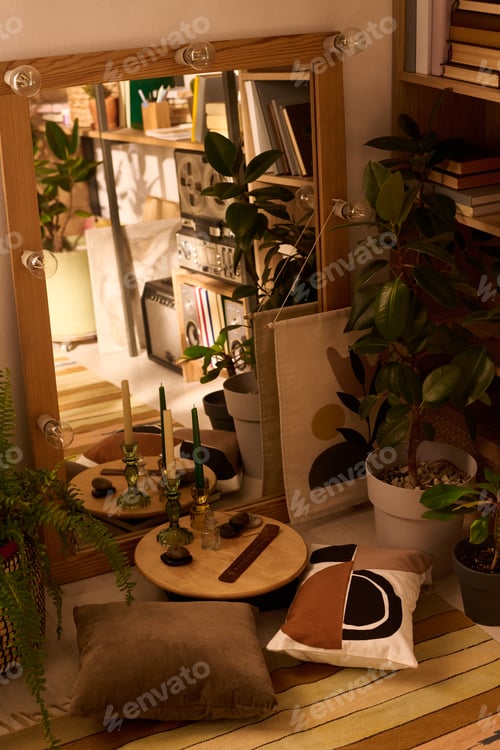 Preview: Cozy Home Interior Featuring Decorative Plants and Candles near Mirror