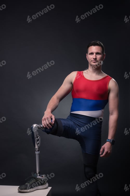 Preview: One Young Adult Man Disabled, Sportsman Athlete Posing, One Prosthetic Leg, Standing