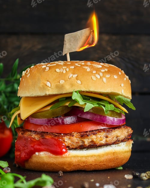 Preview: Burger, Meat Cutlet Beef Steak, Tomato, Sauce And Lettuce Tasty Meat Snack Sandwich Menu Concept