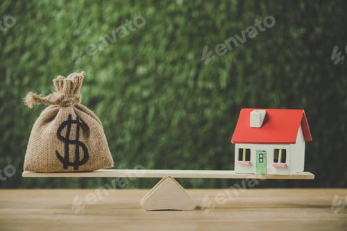 Preview: money bag with dollar symbol and house model balancing on swing on green background