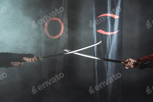 Preview: cropped shot of samurai warriors crossing katana swords in front of clan symbols