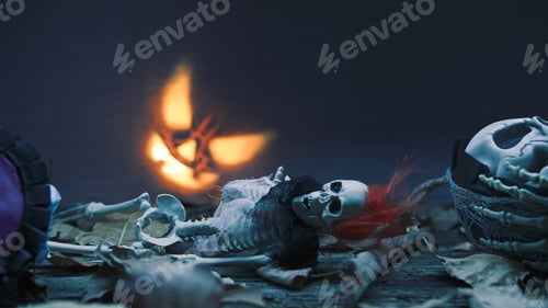 Preview: Scary Glowing Halloween Pumpkin And Skeleton on the foreground