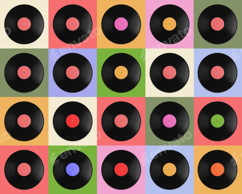 Preview: Collage with photos of vintage vinyl records on different color backgrounds, top view