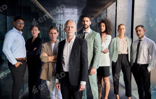 Preview: Business group portrait posing with confidence attitude. Successful diverse team looking at camera.