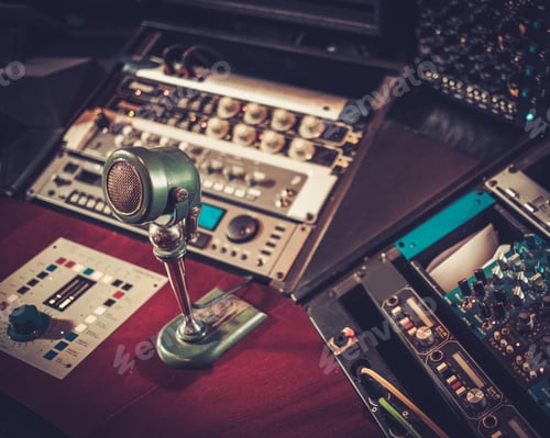 Preview: Close-up of boutique recording studio control desk.