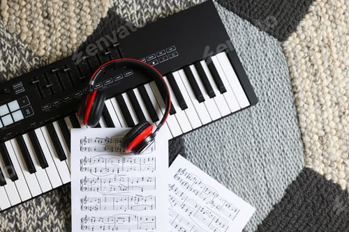 Preview: MIDI keyboard, music sheets and headphones on carpet, flat lay