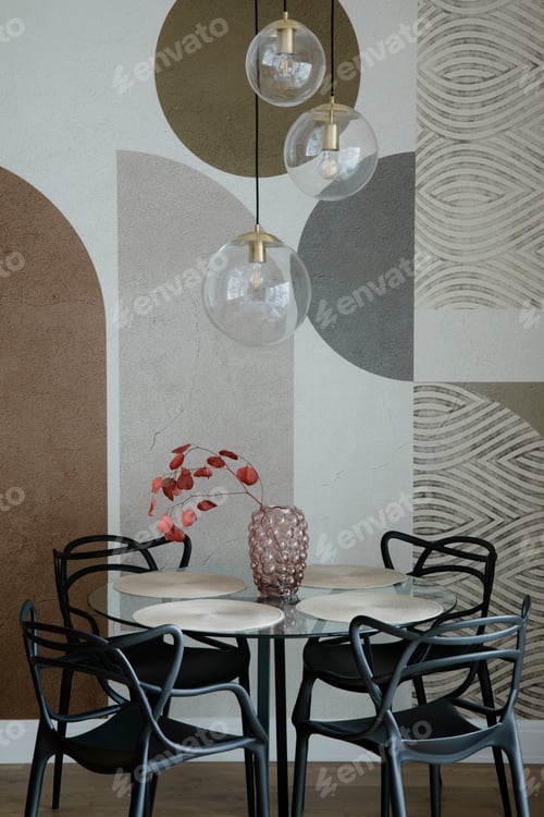 Preview: Interior design of dining room with round glass table and personal accessories. Home decor. Template