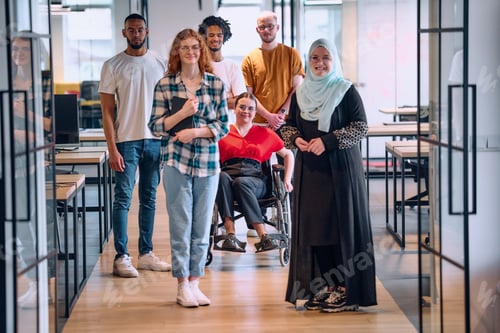 Preview: A diverse group of young business people walking a corridor in the glass-enclosed office of a modern