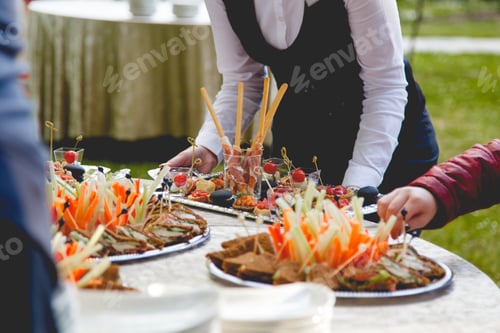 Preview: The waiter puts snacks on a buffet