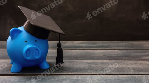 Preview: Education school cost, scholarship, student loan. Piggy bank with graduation cap