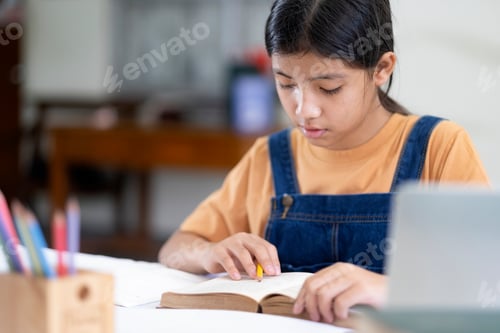 Preview: Young attractive asian girl or student working on thesis assignment or studying online in self