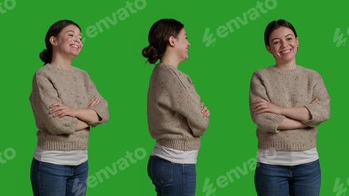 Preview: Close up of cheerful girl wearing sweater and acting lovely