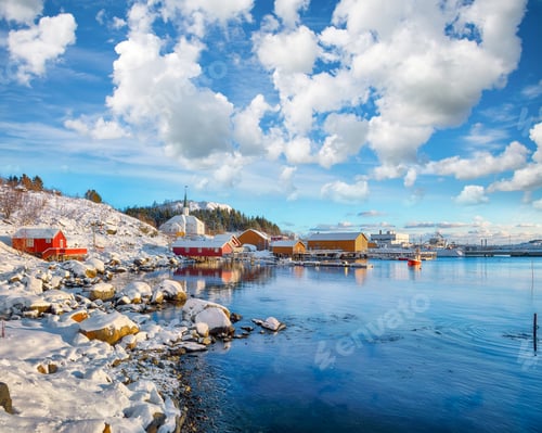 Preview: Outstanding winter scenery of Moskenes village with ferryport and famous Moskenes parish Church.
