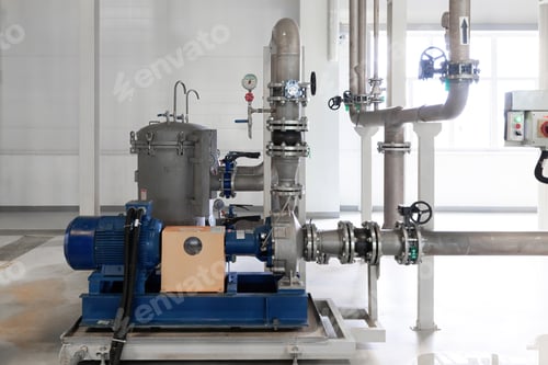 Preview: Closeup photo of pipes and tanks. Chemistry and medicine production. Pharmaceutical factory